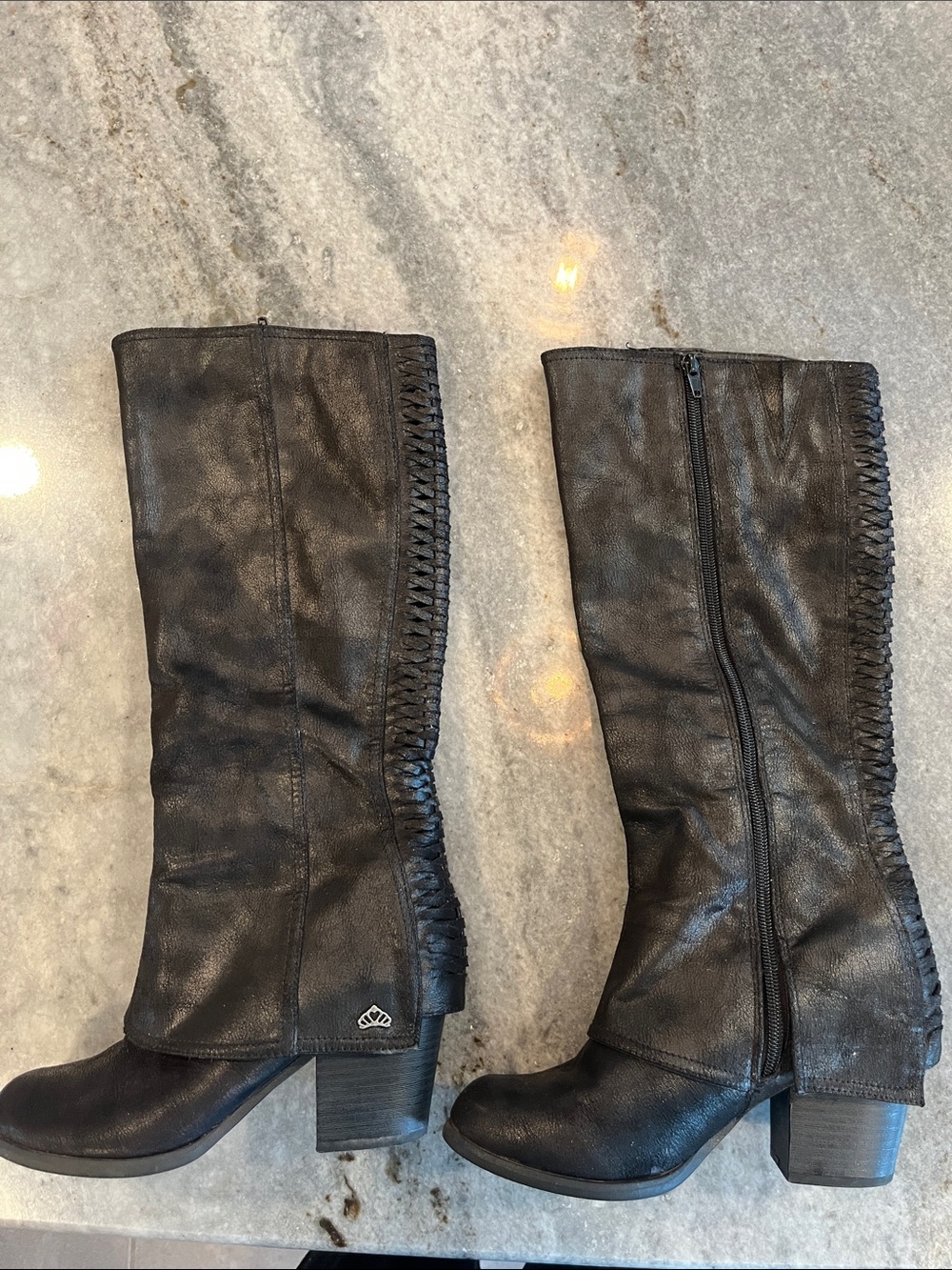 Fergalicious Black Over-the-Knee Heeled Boots with Woven Back Detail